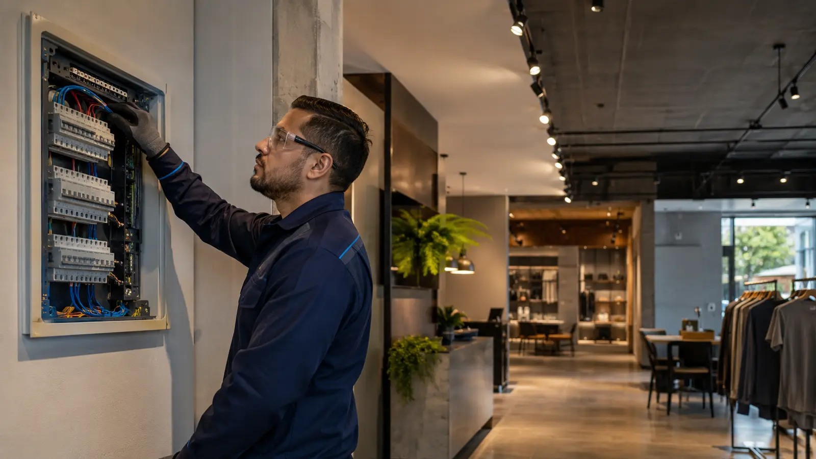 Eletricista comercial realizando instalação elétrica em Bauru